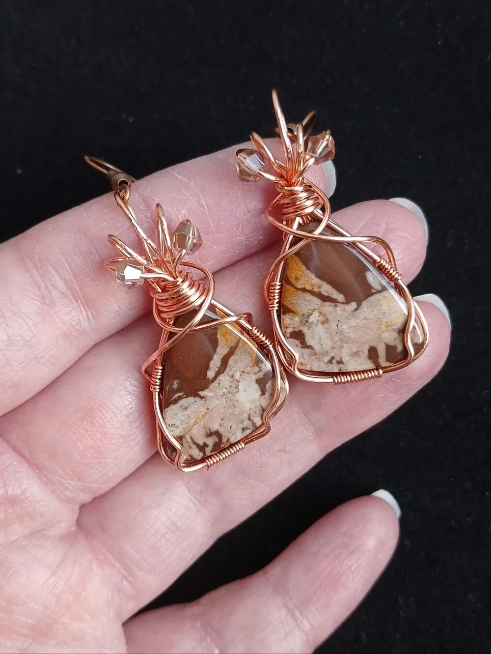 Copper wire wrapped brown tan outback Jasper dangle earrings handmade new - Picture 4 of 6